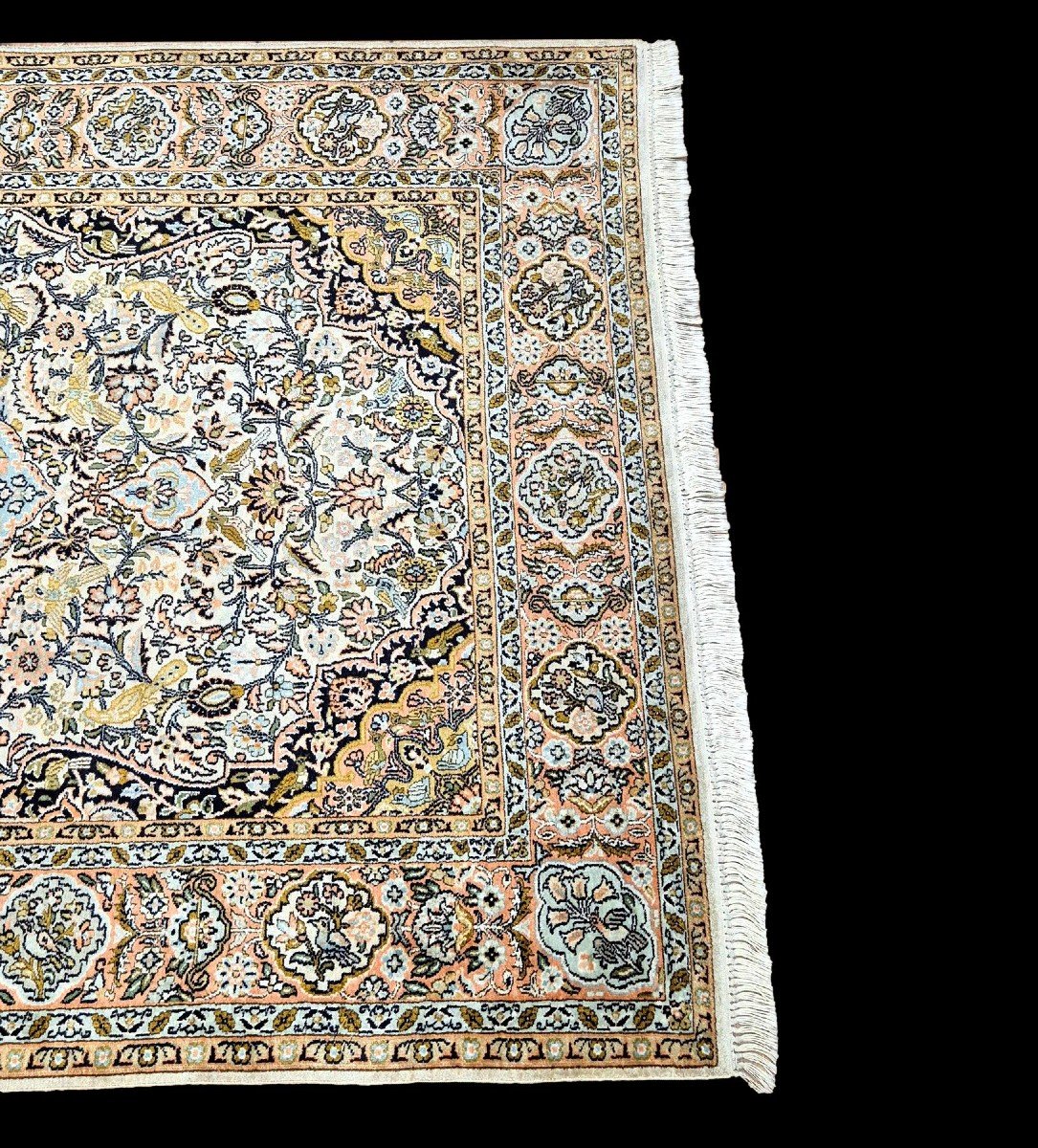 Silk Carpet, Kashan Decor, Kashmir Origin, 125 X 180 Cm, Hand Knotted, 1980, Very Good Condition-photo-4