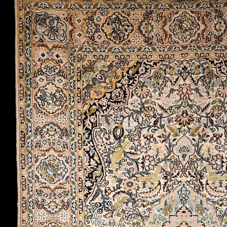 Silk Carpet, Kashan Decor, Kashmir Origin, 125 X 180 Cm, Hand Knotted, 1980, Very Good Condition-photo-3