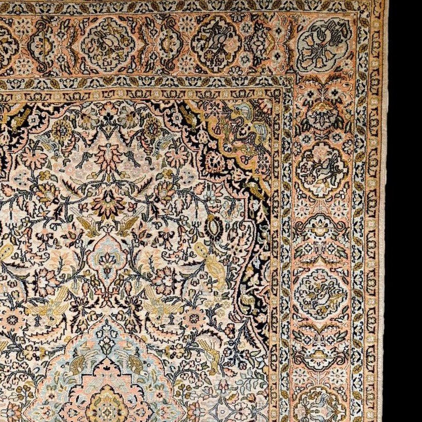 Silk Carpet, Kashan Decor, Kashmir Origin, 125 X 180 Cm, Hand Knotted, 1980, Very Good Condition-photo-4