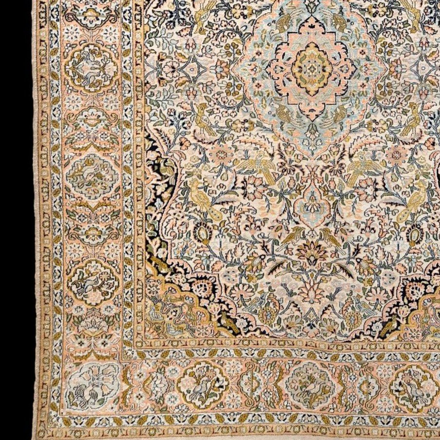 Silk Carpet, Kashan Decor, Kashmir Origin, 125 X 180 Cm, Hand Knotted, 1980, Very Good Condition-photo-6