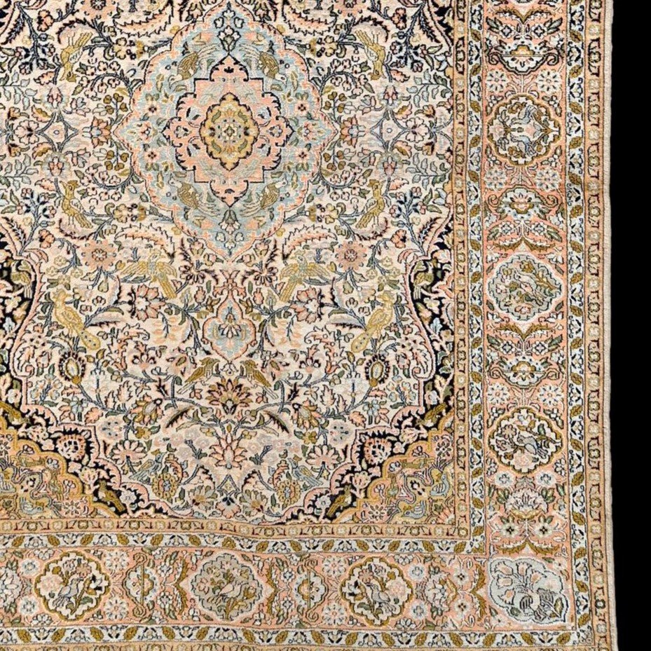 Silk Carpet, Kashan Decor, Kashmir Origin, 125 X 180 Cm, Hand Knotted, 1980, Very Good Condition-photo-7