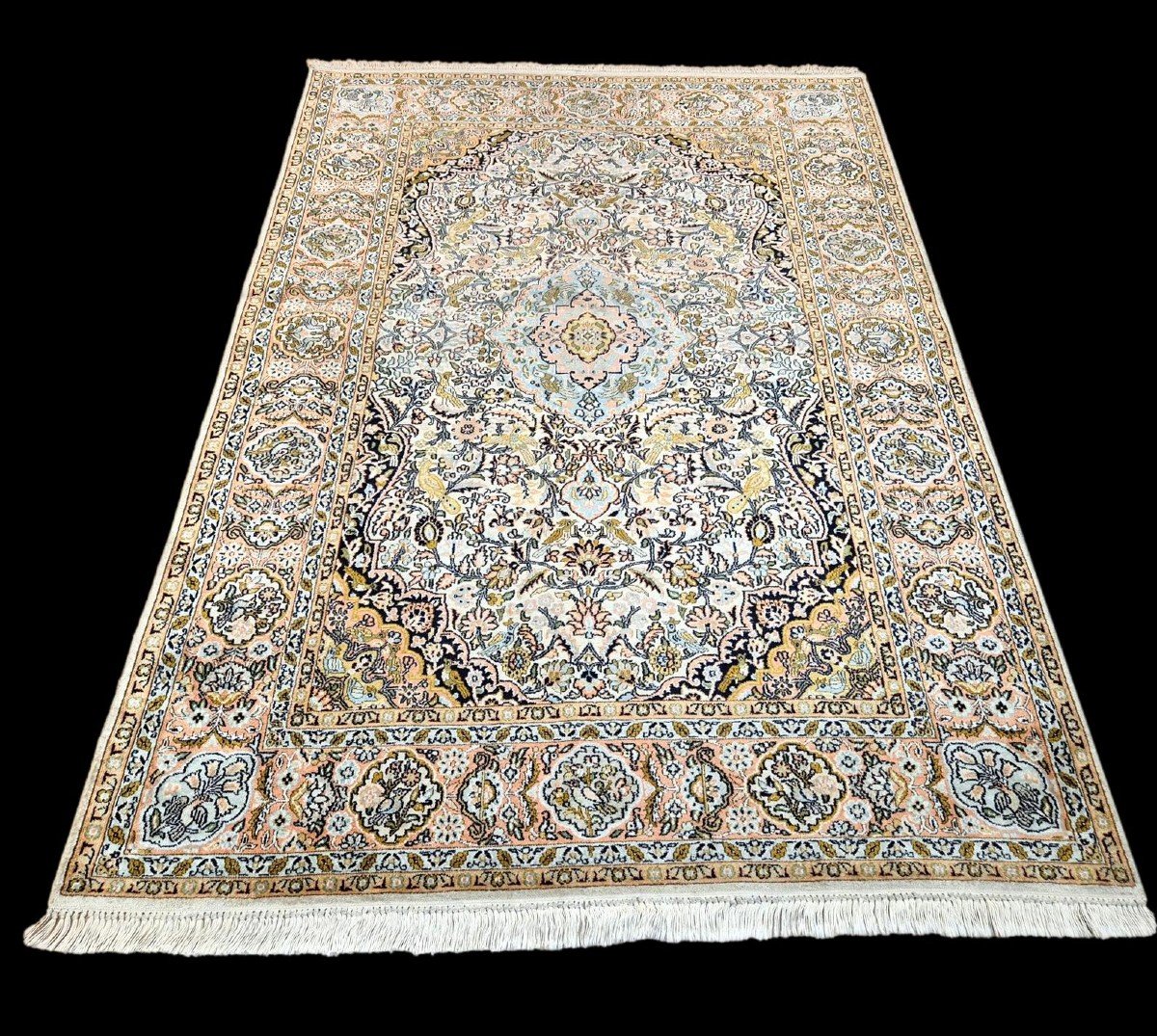 Silk Carpet, Kashan Decor, Kashmir Origin, 125 X 180 Cm, Hand Knotted, 1980, Very Good Condition-photo-5