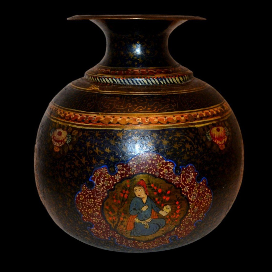 Vase, Lota Indo-perse signé et peint de miniatures persanes, époque Kadjar fin du XIXème siècle-photo-3