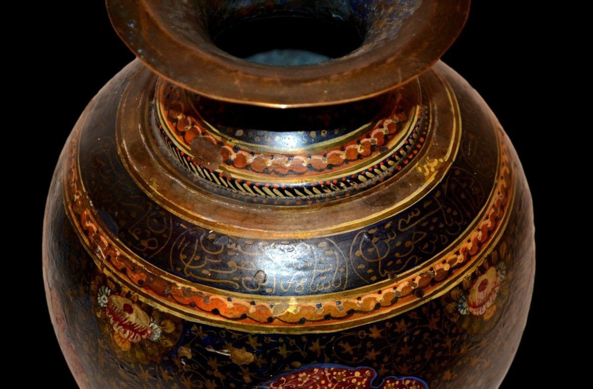 Vase, Lota Indo-perse signé et peint de miniatures persanes, époque Kadjar fin du XIXème siècle-photo-1