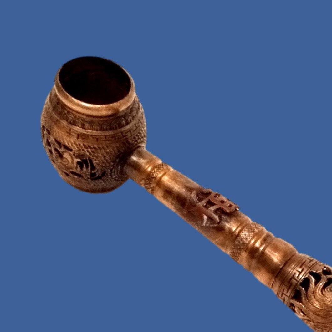 Opium Pipe, China, Rare & Important Pipe In Gilded Brass And Green Jadeite From The 19th Century-photo-4