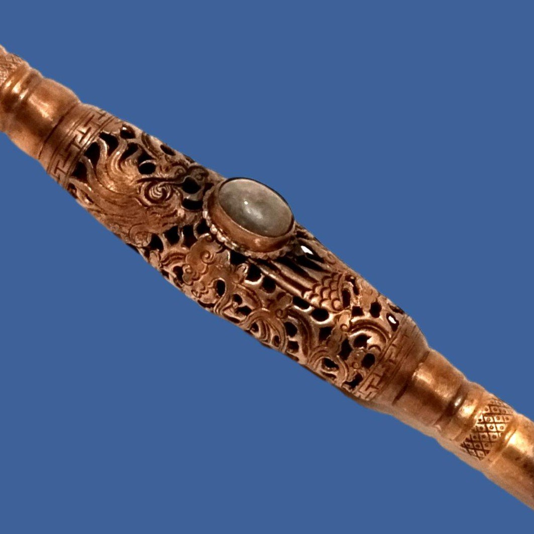 Opium Pipe, China, Rare & Important Pipe In Gilded Brass And Green Jadeite From The 19th Century-photo-5