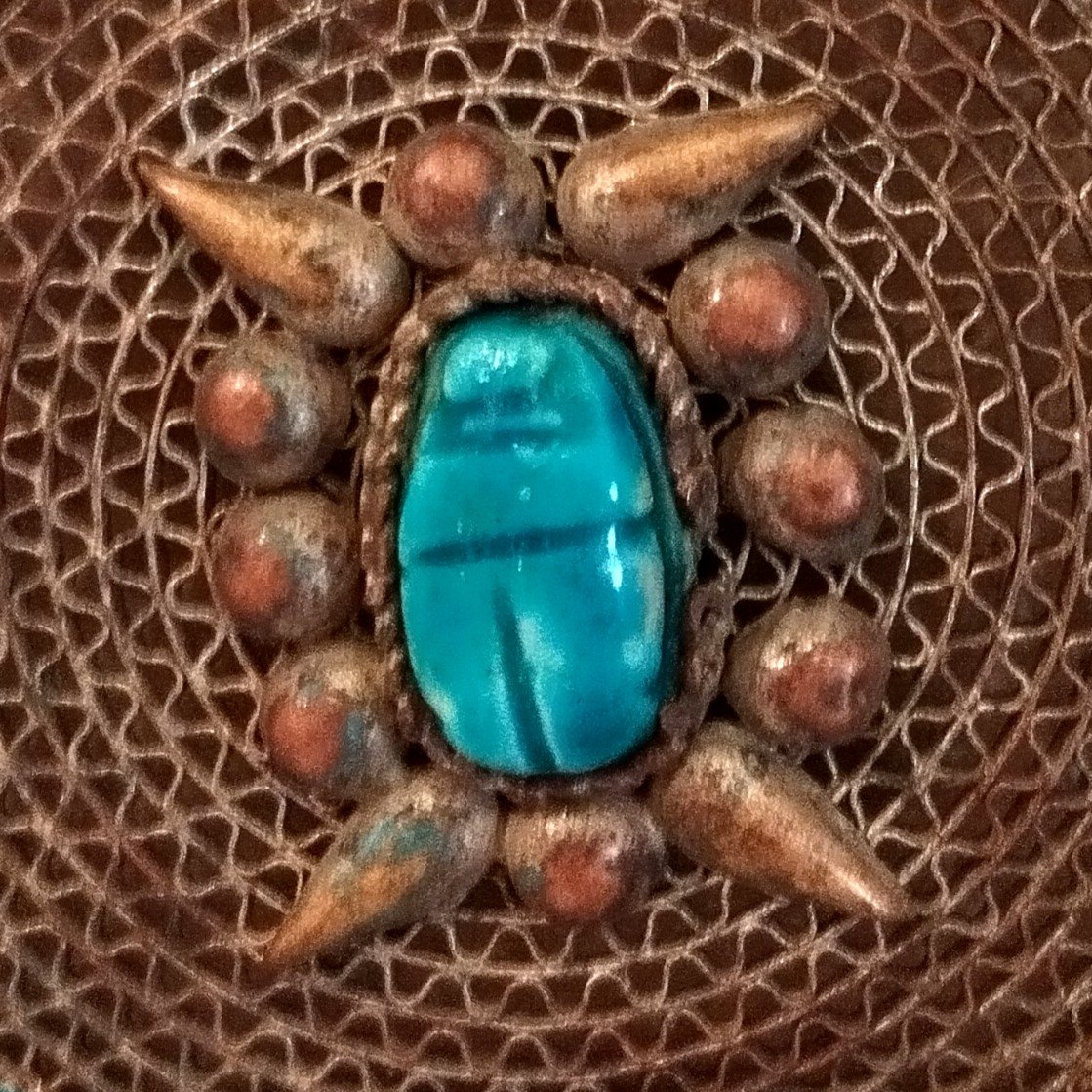 Pendentif en médaillon, turquoise, cuivre argenté, Turquie vers 1900 - 1920, bon état-photo-3