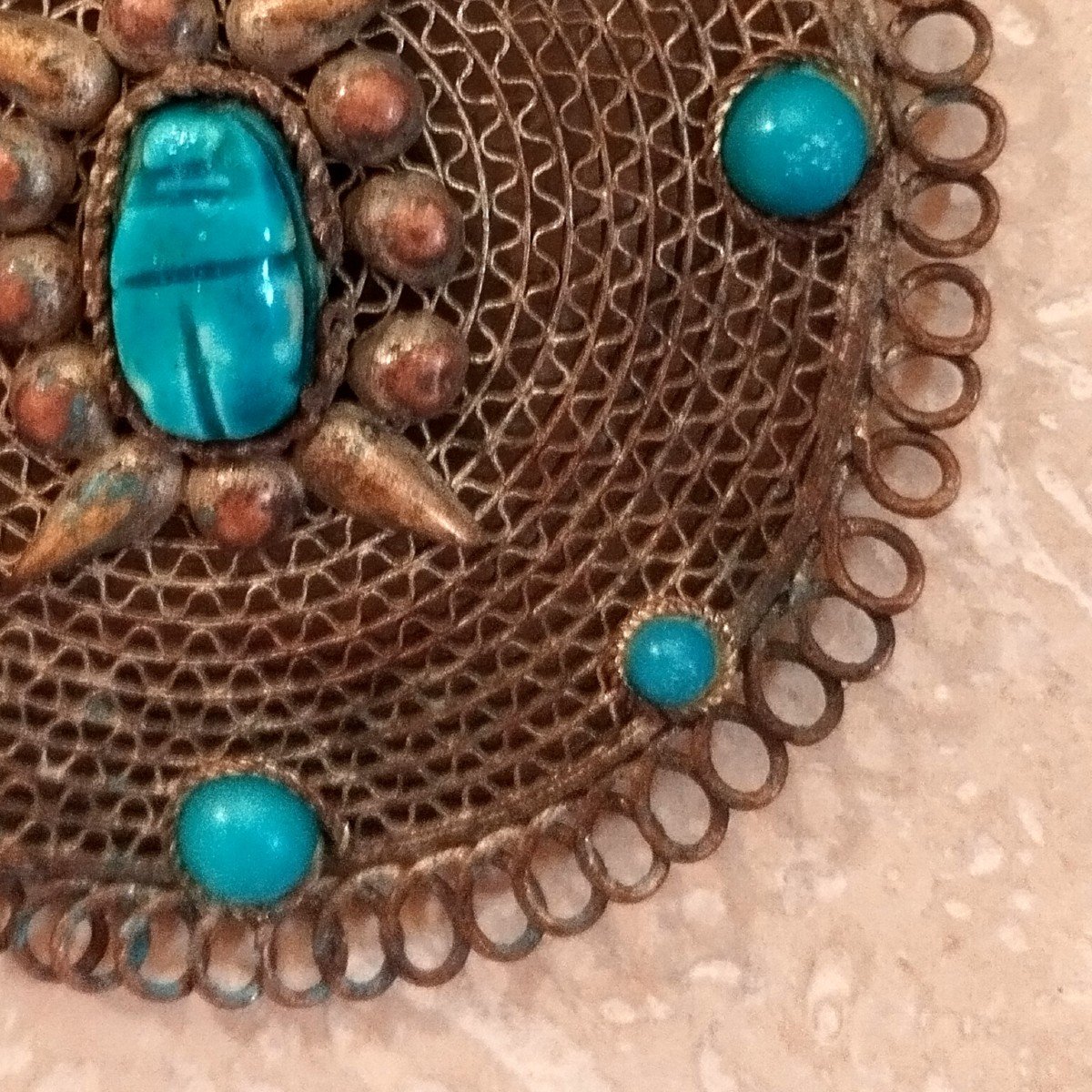 Medallion Pendant, Turquoise, Silver-plated Copper, Türkiye Circa 1900 - 1920, Good Condition-photo-3