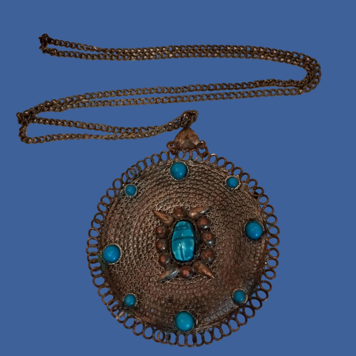 Pendentif en médaillon, turquoise, cuivre argenté, Turquie vers 1900 - 1920, bon état-photo-5