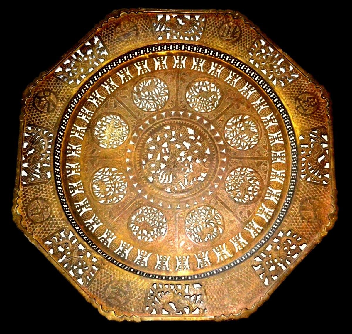 China Tray, Luck & Good Fortune, Chiseled And Cut Brass, Width 82 Cm, 19th Century-photo-2