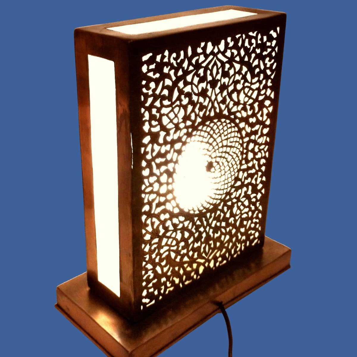 Oriental Night Light, Chiseled Brass And Frosted Glass On Rectangular Structure, Good Condition-photo-4