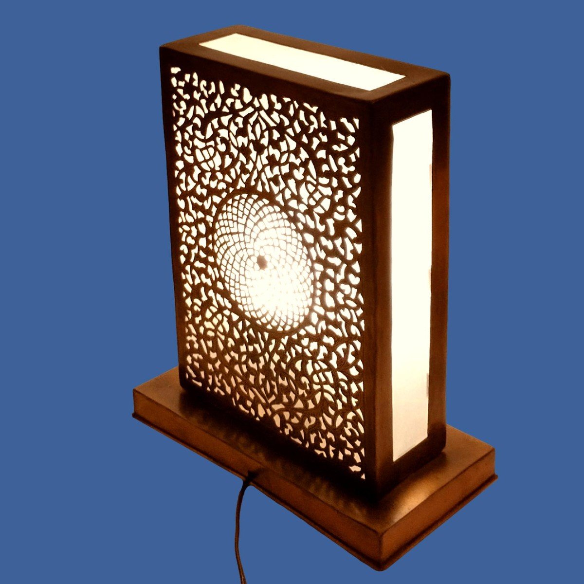 Oriental Night Light, Chiseled Brass And Frosted Glass On Rectangular Structure, Good Condition-photo-1