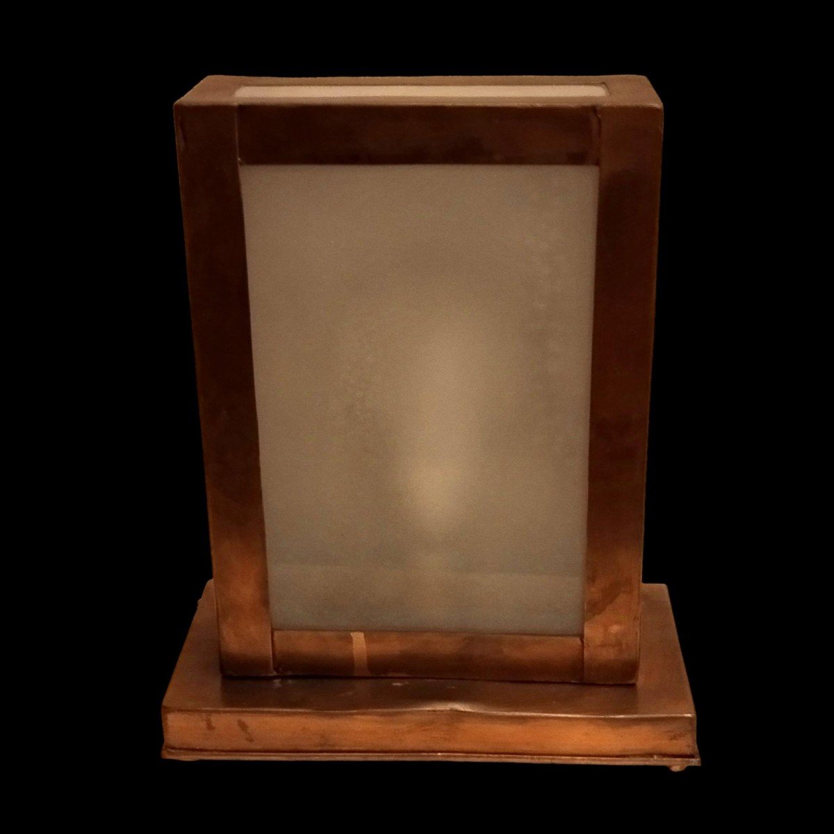 Oriental Night Light, Chiseled Brass And Frosted Glass On Rectangular Structure, Good Condition-photo-2