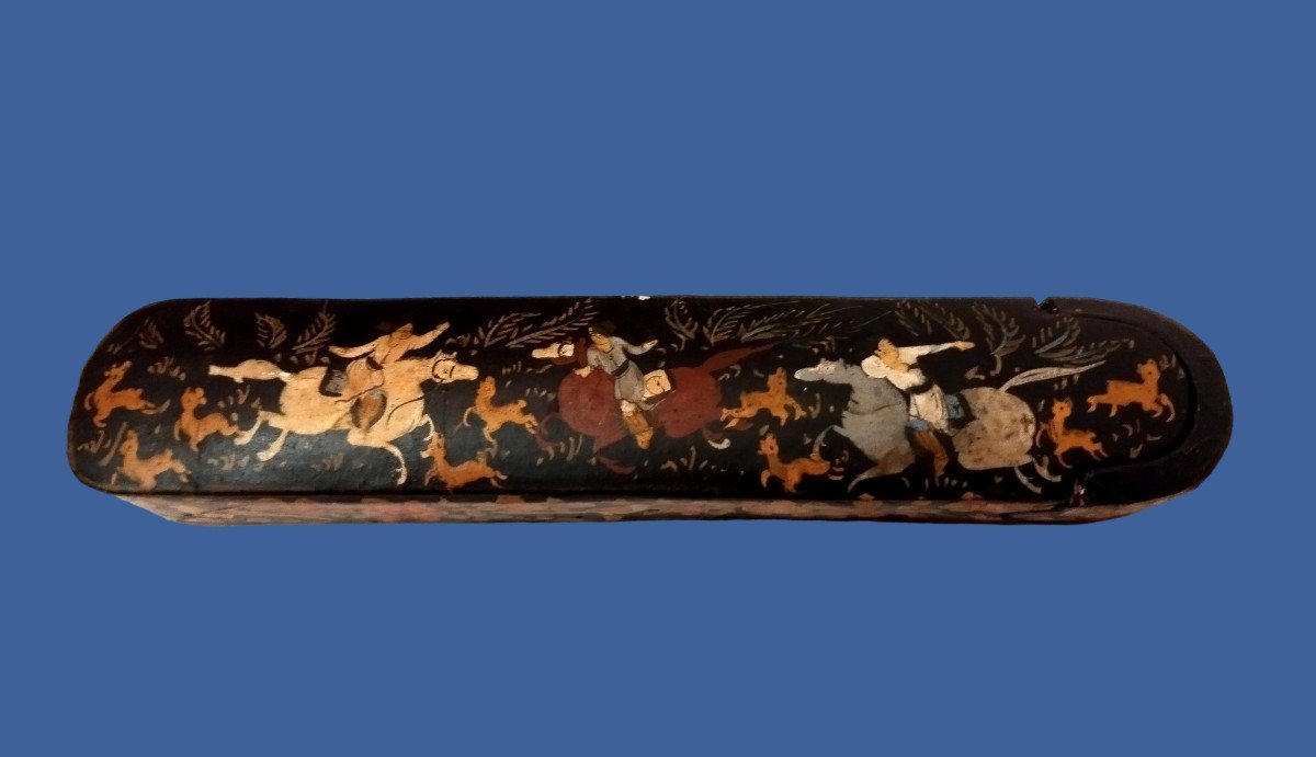 Kadjar Pencil Case, Papier-mâché, Kadjar Dynasty, Deer Hunting Scene, Iran, Persia, 19th Century-photo-2