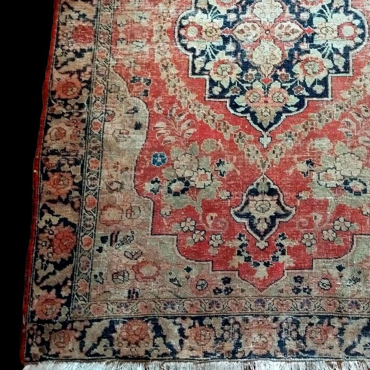 Tapis Tabriz ancien dans son jus, 130 x 185 cm, laine nouée main, roses, Iran, Fin XIX à XXè-photo-2