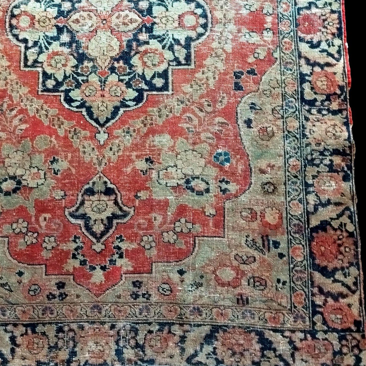 Tapis Tabriz ancien dans son jus, 130 x 185 cm, laine nouée main, roses, Iran, Fin XIX à XXè-photo-3