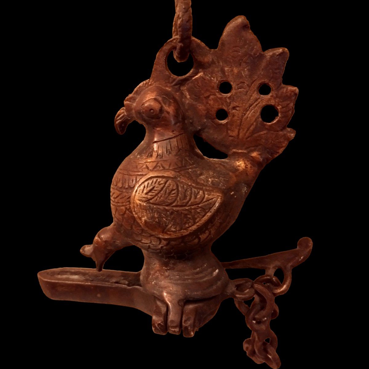 Bronze Oil Lamp, Peacock, Beloved Bird, South India Circa 1900-photo-2