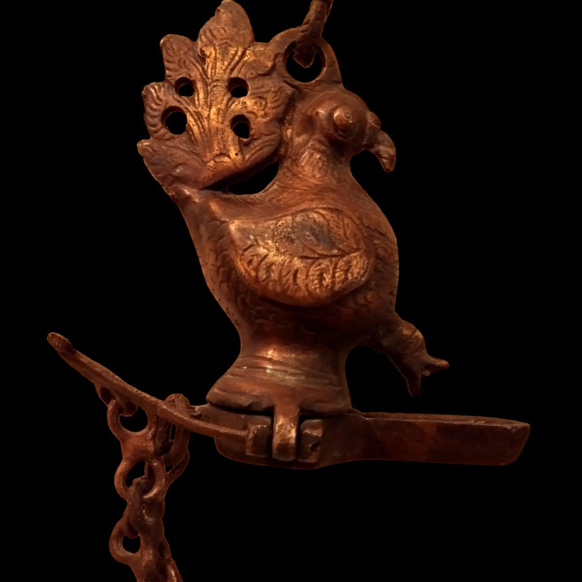 Bronze Oil Lamp, Peacock, Beloved Bird, South India Circa 1900-photo-3