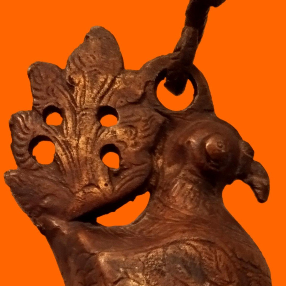 Bronze Oil Lamp, Peacock, Beloved Bird, South India Circa 1900-photo-6