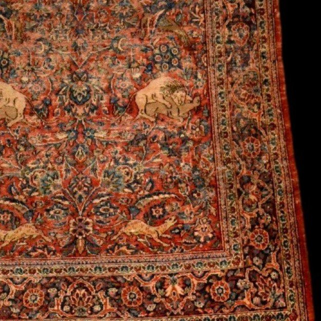 Isfahan Carpet, Hunting Scenes, 124 X 203 Cm, Hand-knotted Wool, Iran, Kadjar Dynasty, 19th Century-photo-3