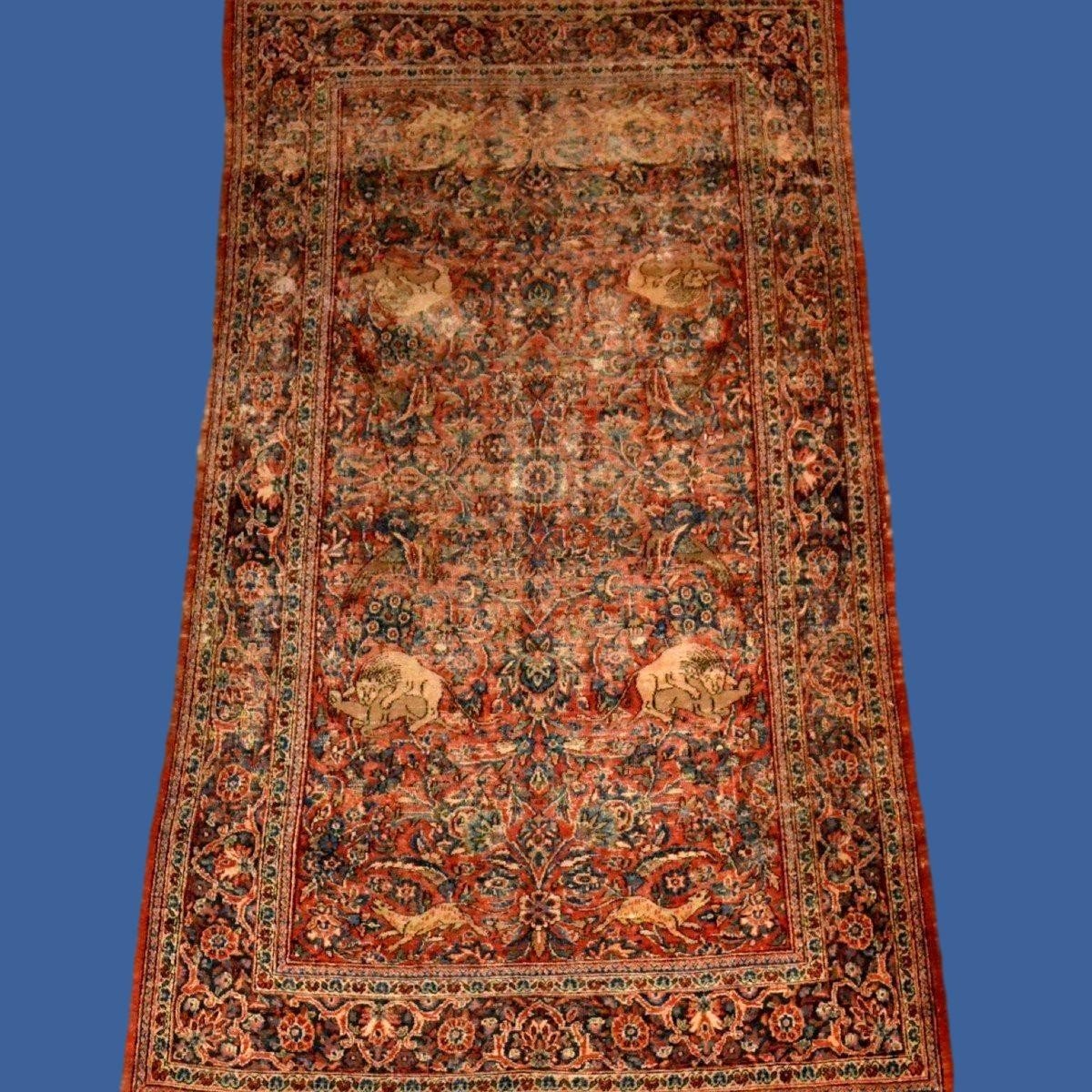 Isfahan Carpet, Hunting Scenes, 124 X 203 Cm, Hand-knotted Wool, Iran, Kadjar Dynasty, 19th Century-photo-8