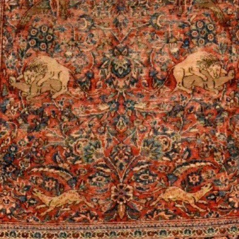 Isfahan Carpet, Hunting Scenes, 124 X 203 Cm, Hand-knotted Wool, Iran, Kadjar Dynasty, 19th Century