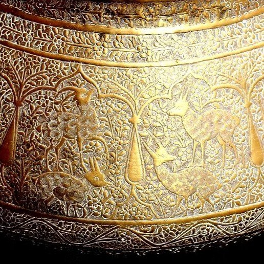 Indo-persian "tâs" Basin, Diam. 34 Cm, Calligraphy, Niches, Animals, Finely Chiseled, 19th Century-photo-3