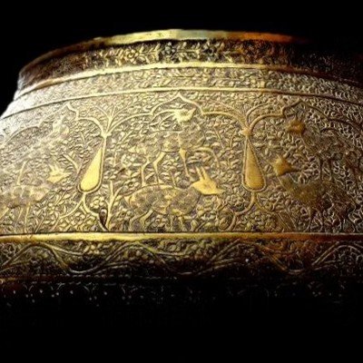 Indo-persian "tâs" Basin, Diam. 34 Cm, Calligraphy, Niches, Animals, Finely Chiseled, 19th Century-photo-3