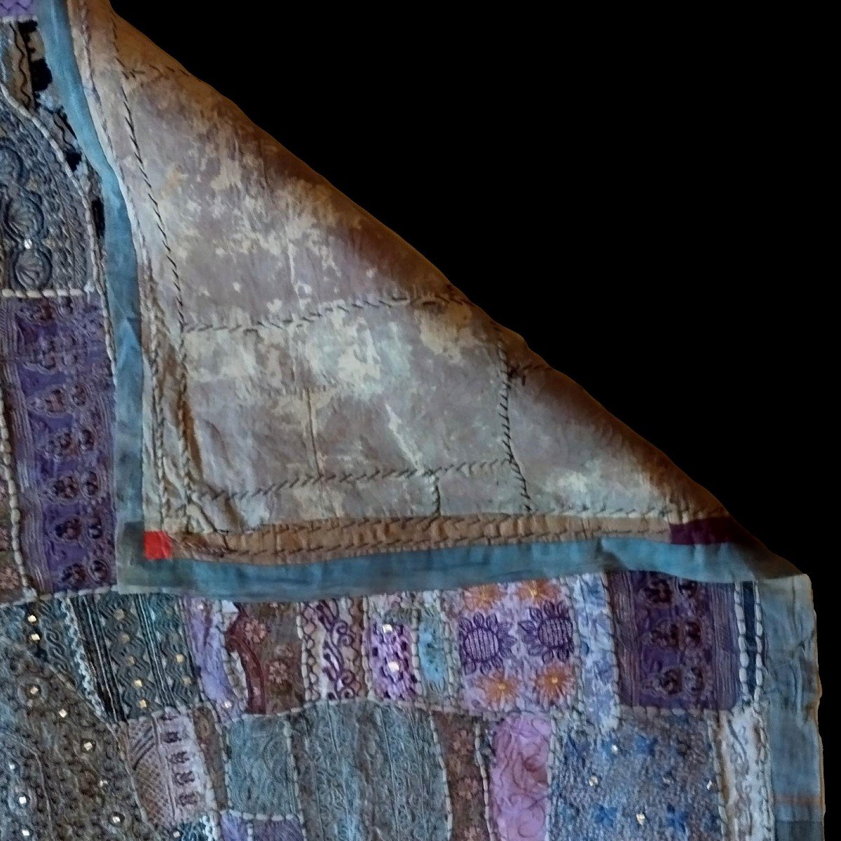 Broderie miroir ou Sheesha ancien, 162 x 213 cm, Gujarat, Inde , 1970, très bon état-photo-4