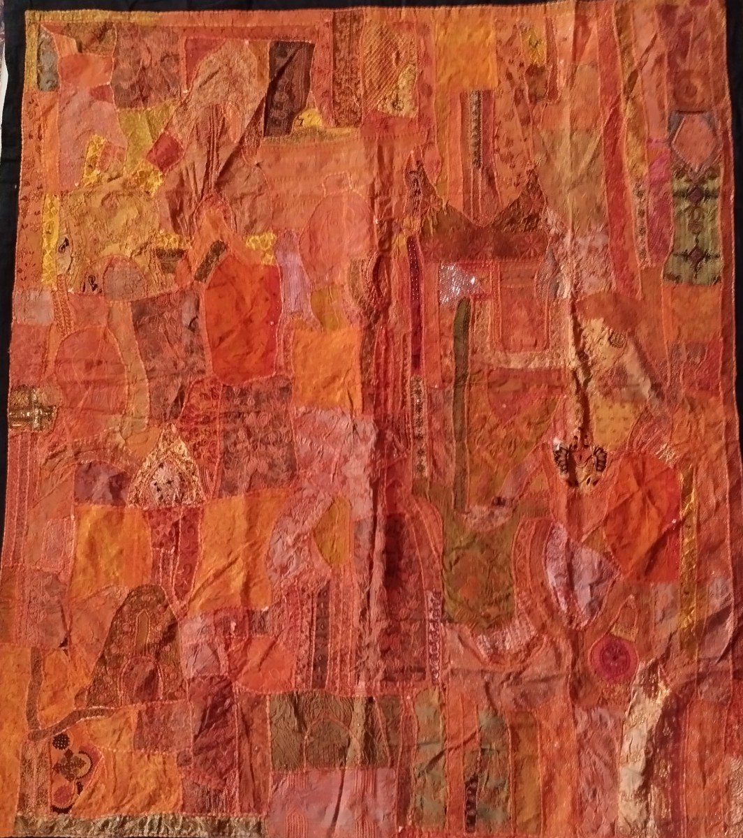 Broderie miroir ou Sheesha ancien, 200 x 225 cm, Gujarat, Inde , 1980, très bon état-photo-4