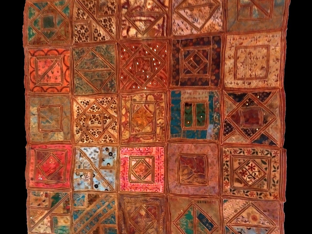 Tenture Indienne ancienne, 193 x 196 cm, Patchwork de tissus, d'époque XIXème, Inde Collection-photo-2