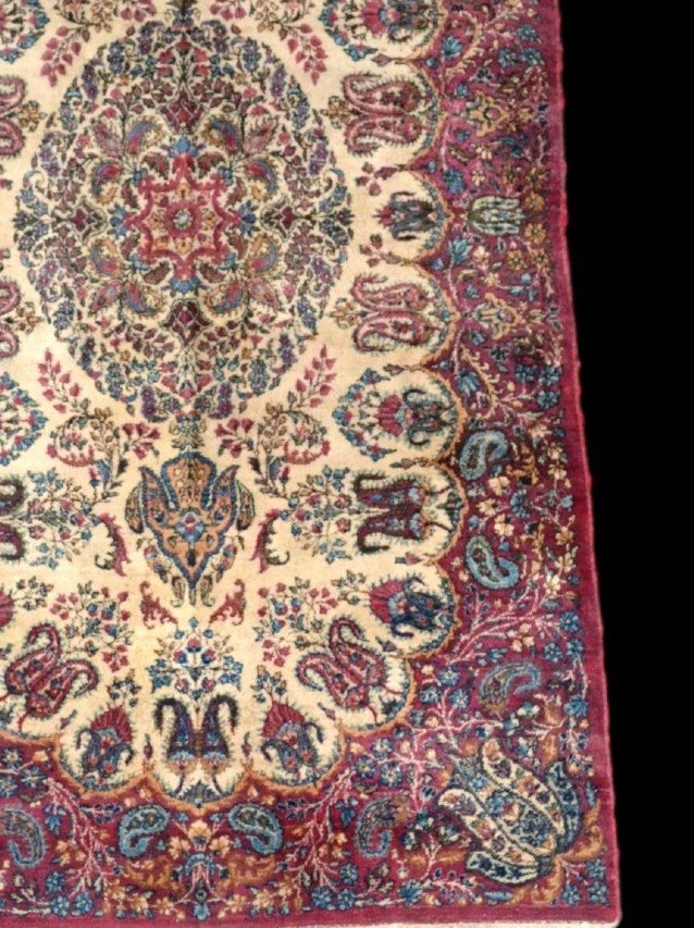 Tapis Kirman, 117 x 210 cm, laine kork nouée main vers 1970 en Iran, en très bon état-photo-4