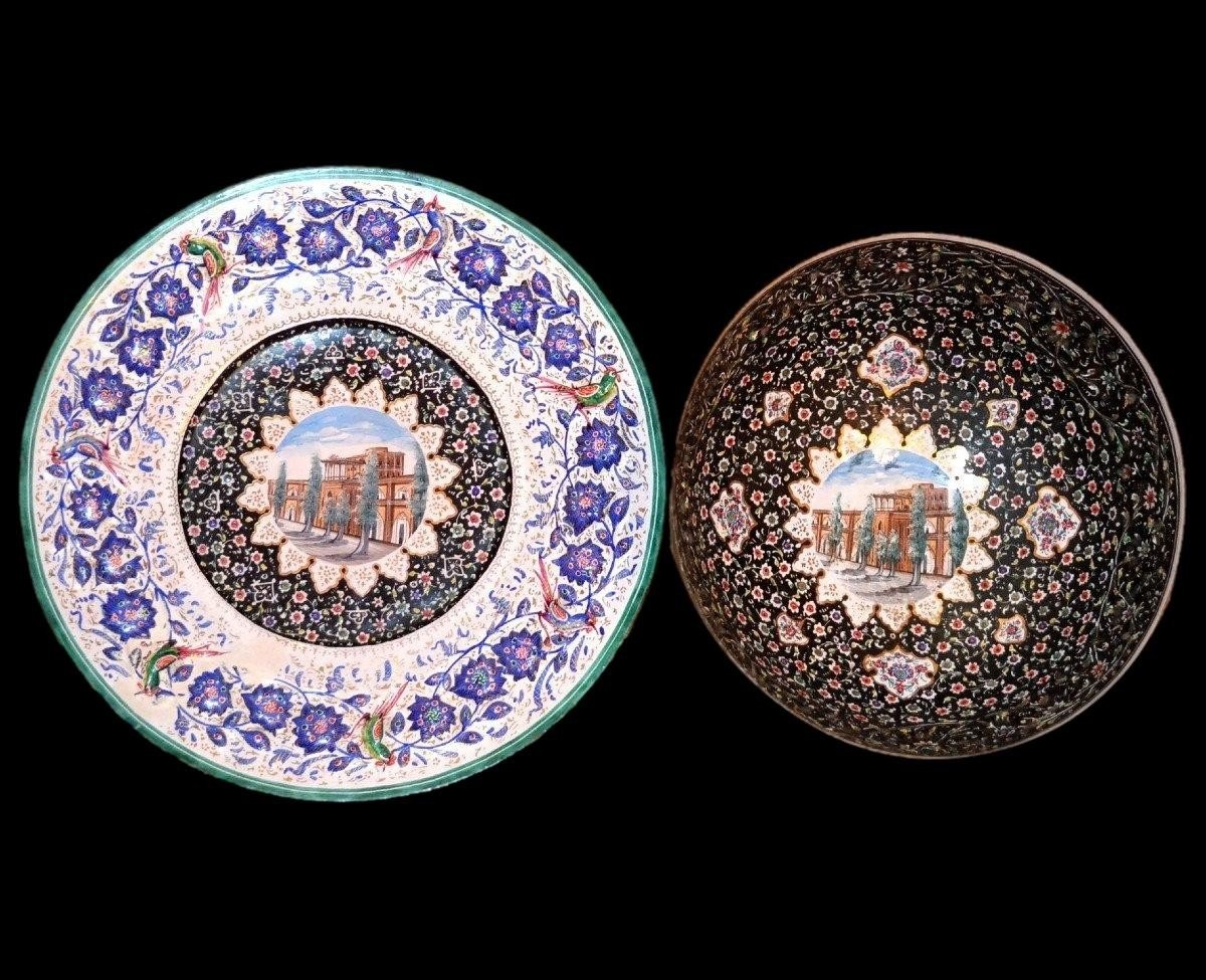 Minâkâri ancien, coupe et plat, décor du palais Ali Kapu, Ispahan, Iran vers 1900, collection-photo-2