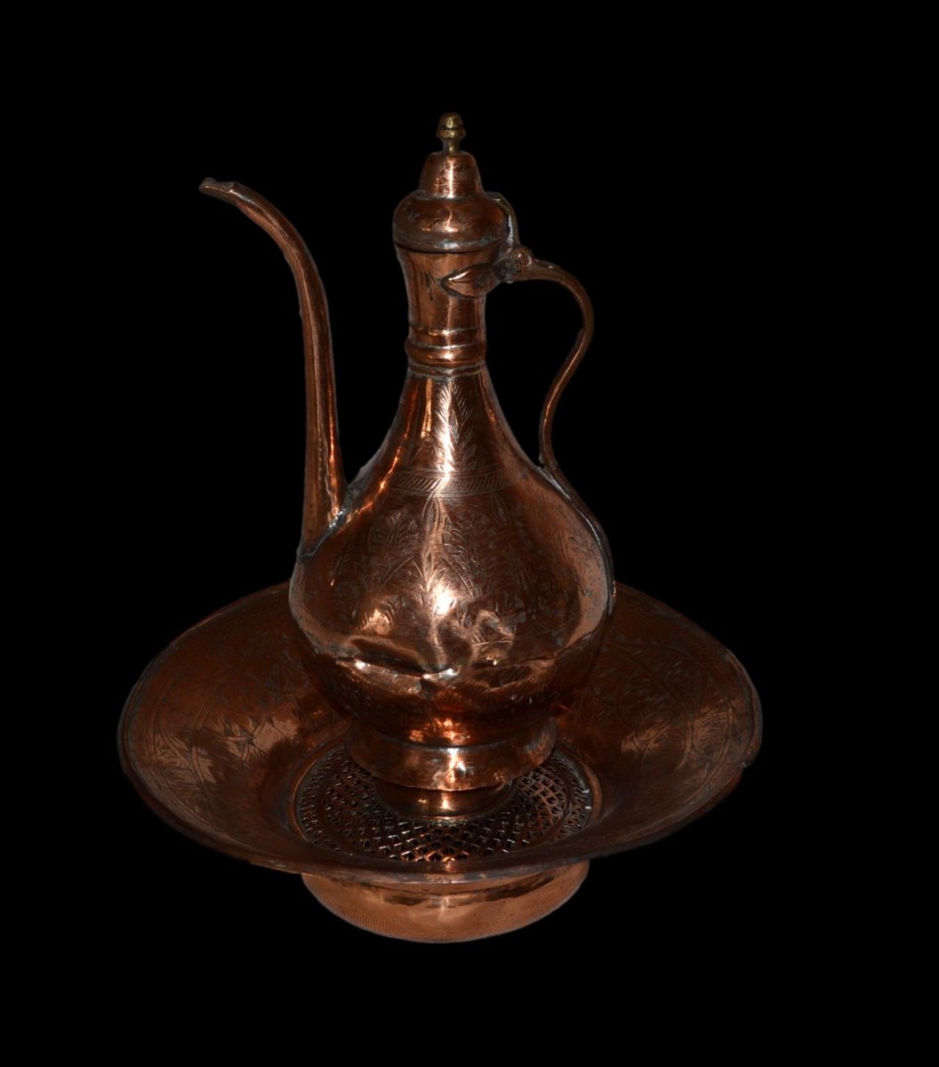 Ewer And Its Basin, Chiseled Copper, Ottoman Empire, End Of The XIXth Century,-photo-5