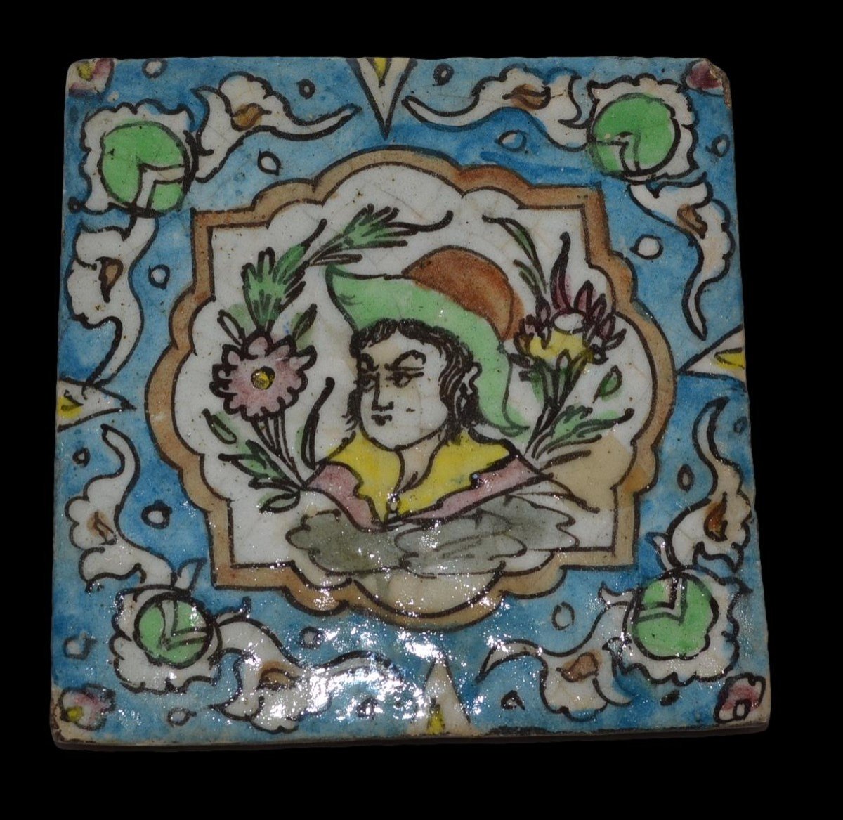 Large Kadjar Tile, 20 Cm X 20 Cm In Siliceous Ceramic, Persia, 19th Century, Very Good Condition-photo-3