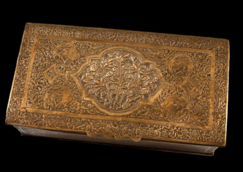 Kadjar Art, Masterpiece Of An Armenian, Persia, Hand-chiseled Bronze Box, 19th Century