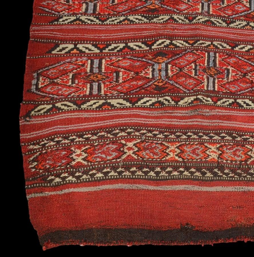 Kilim ancien Shahsavan, 89 cm x 122 cm, laine tissée main façon soumak, Iran, XIXème siècle-photo-2