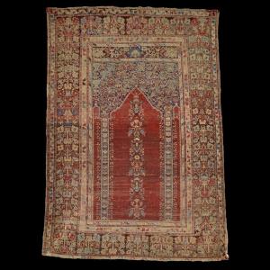 Tapis Koula de prière ancien, 130 x 191 cm, empire Ottoman, laine nouée main au XVIIIème siècle