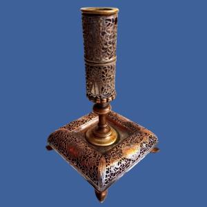 Kadjar Candlestick Circa 1900-190, Silver-plated Copper And Bronze, Iran, Very Good Condition