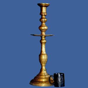 Ottoman Candlestick, Circa 1900, Height 69 Cm, Solid Gilded Bronze Engraved With Epigraphic Decorations