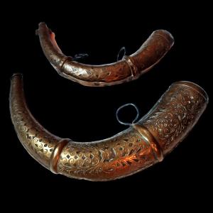 Two Engraved Brass Powder Horns, Morocco, Late 19th-early 20th Century