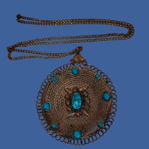 Medallion Pendant, Turquoise, Silver-plated Copper, Türkiye Circa 1900 - 1920, Good Condition