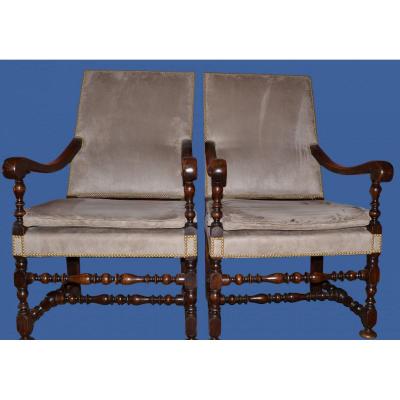 Armchairs Pair In Walnut, XVIII Century, France