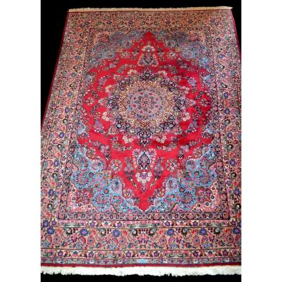 Tapis Persan Macchad signé 250 cm x 356 cm, laine kork nouée main, Iran ,TBE