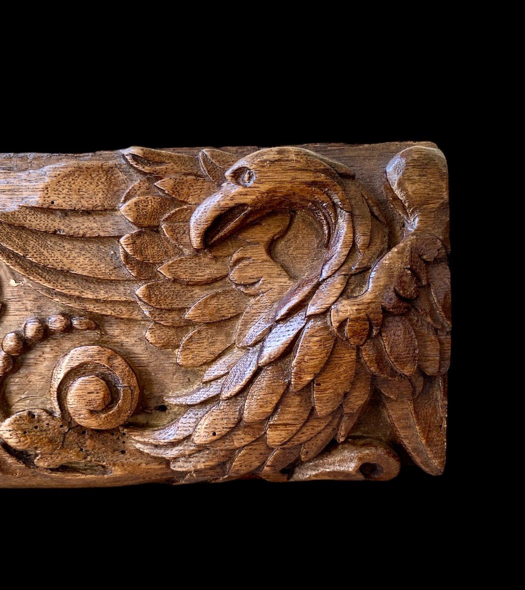 17th Century Carved Oak Panel: Eagle And Flowers