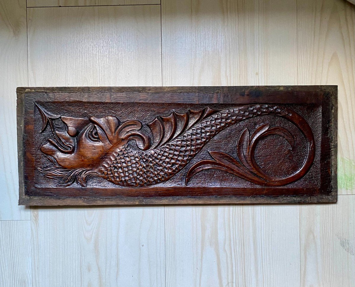 An Oak Panel With A Mythical Half-devil Half-serpent, 17th Century-photo-2