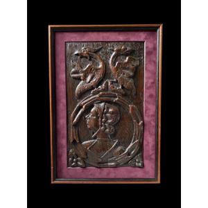 A Rare And Large 16th Century Carved Oak 'romayne' Profile Panel