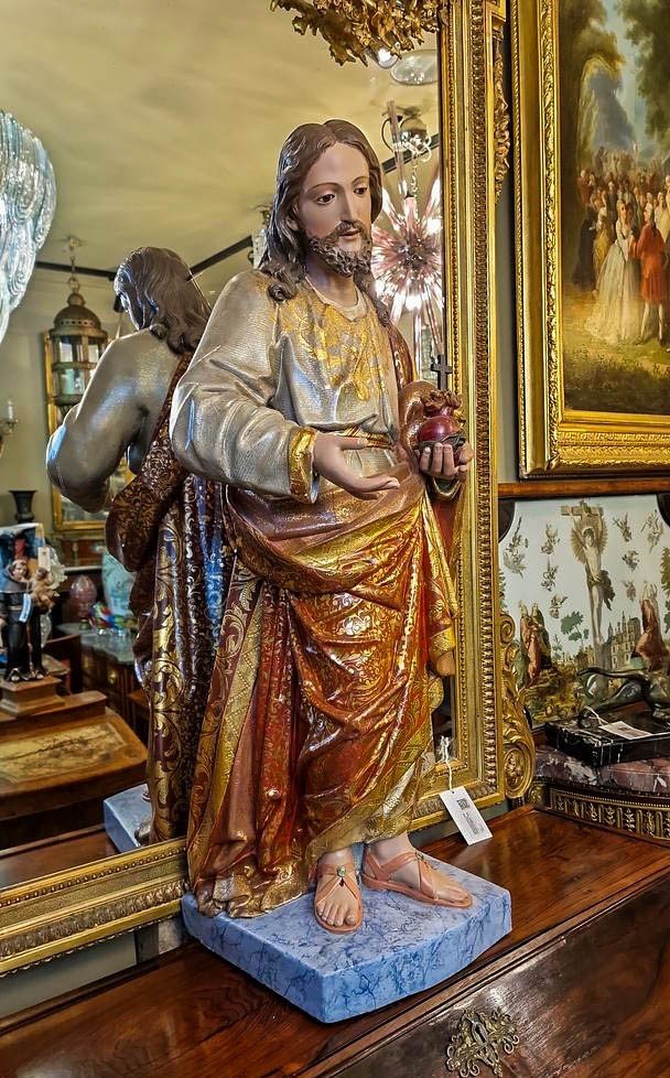 Large Statue Of The Sacred Heart Of Jesus In Polychrome Wood, Early 19th Century, Portugal-photo-2