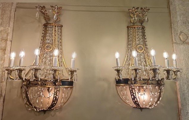 Importante Paire D´ Appliques De Style Empire En Cristal Baccarat Et Bronze Doré