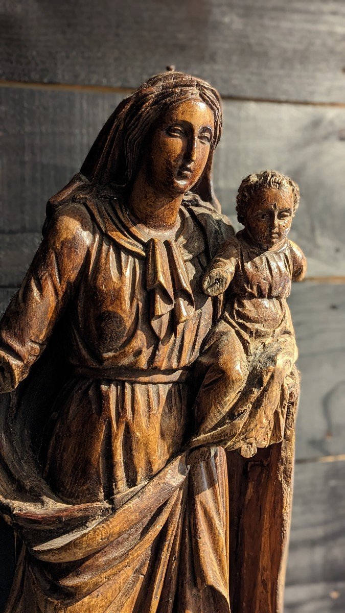 Grande Vierge à l'Enfant En Bois XVIIe Siècle 90cm -photo-1